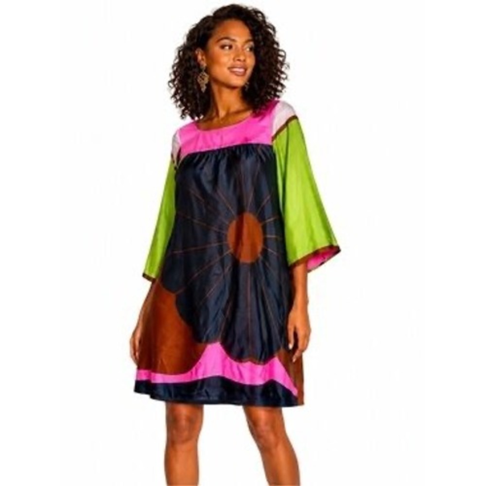 Tibi 2010s Silk Floral Print Bell Sleeve Mini Dress Size 0